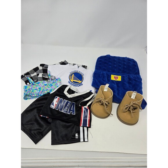 BUILD A BEAR ACCESSORY LOT CLOTHING BACKPACK HIKING BOOTS NBA WARRIORS KIDS TOYS - Picture 1 of 12